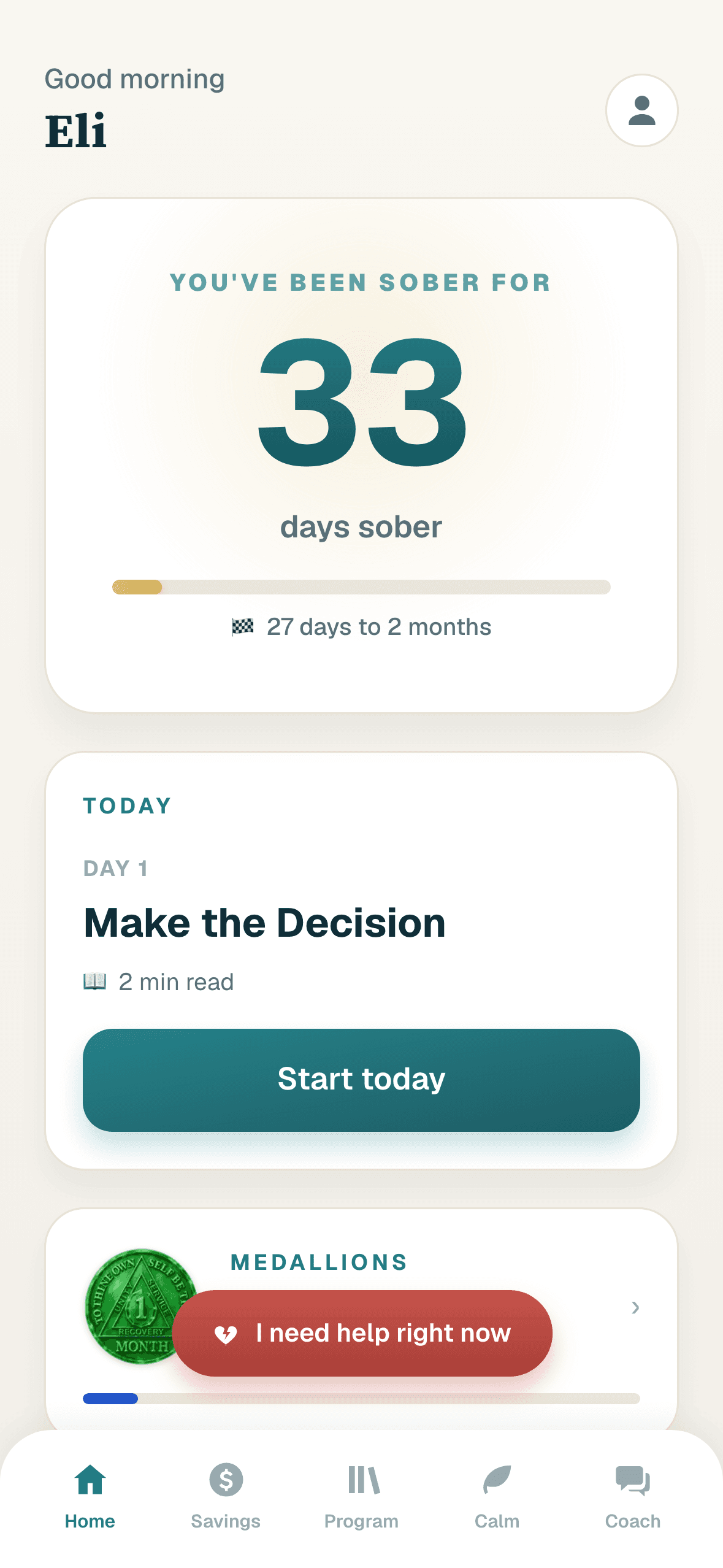 The Stay Dry home screen showing a 33 day sober counter